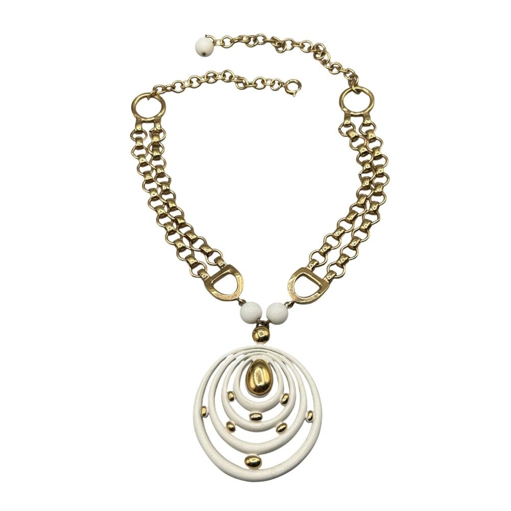 Eisenberg Necklace Vintage White Enamel & Gold Tone Statement Double Chain 18"